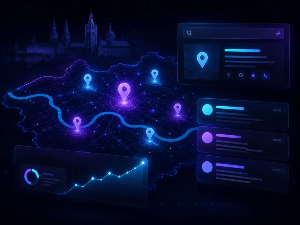 Wizualizacja lokalnego SEO w Krakowie z mapą, znacznikami firm i wykresem widoczności