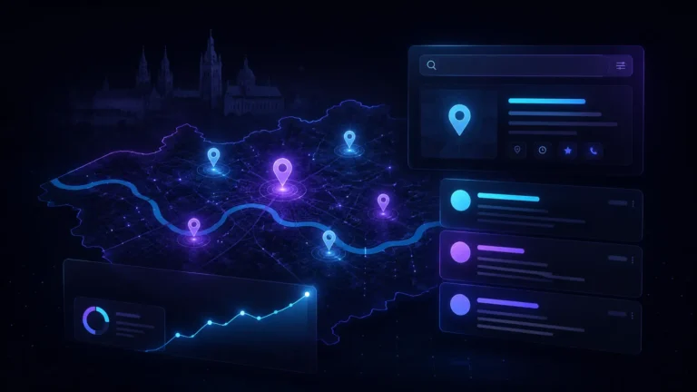 Mapa Krakowa z punktami lokalnych wyników wyszukiwania i panelem analitycznym SEO