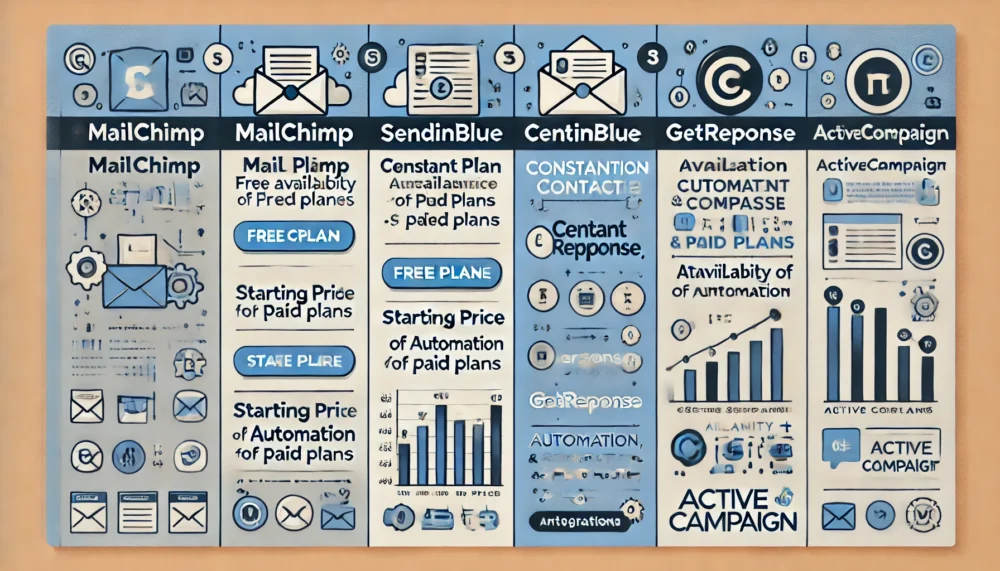 Infografika porównawcza funkcji i cen różnych platform newsletterowych:- gdzie stworzyć newsletter