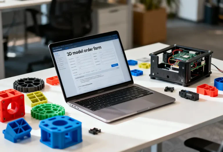 druk 3d online dla firm na stanowisku inżyniera z komputerem i wydrukami