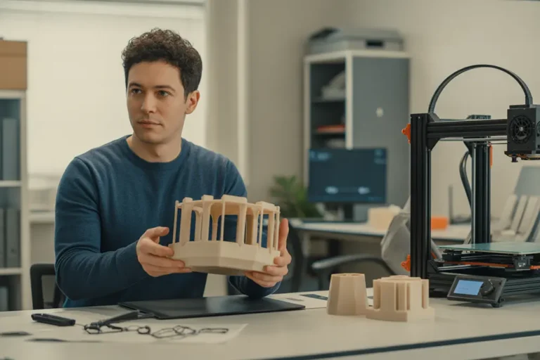 drukowanie 3d w firmie – inżynier ogląda prototypy wydrukowane w 3d na biurku